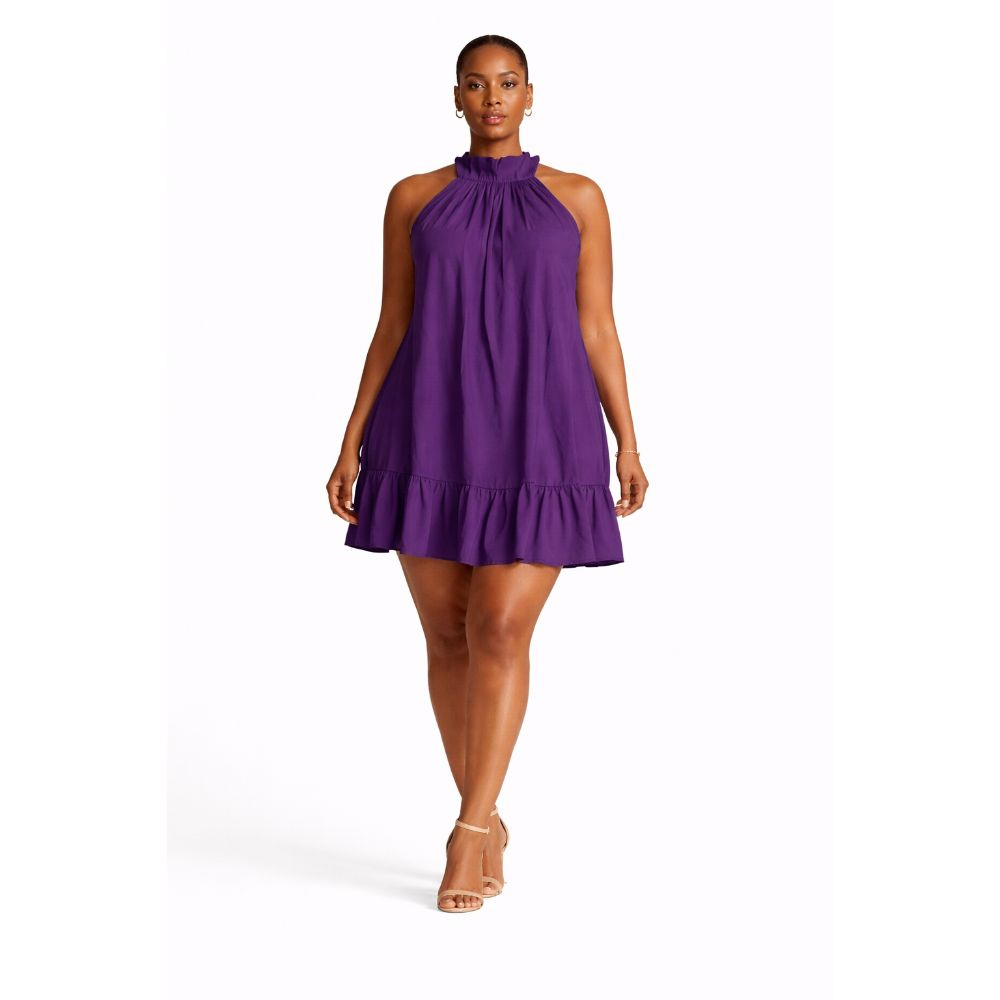 Purple Halter Neck Flowy Mini Dress with Layered Hem